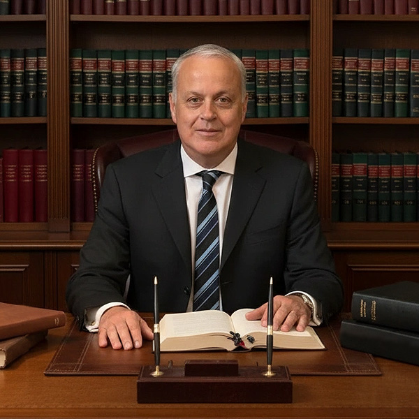 Senior lawyer sitting at classic wooden desk in office
